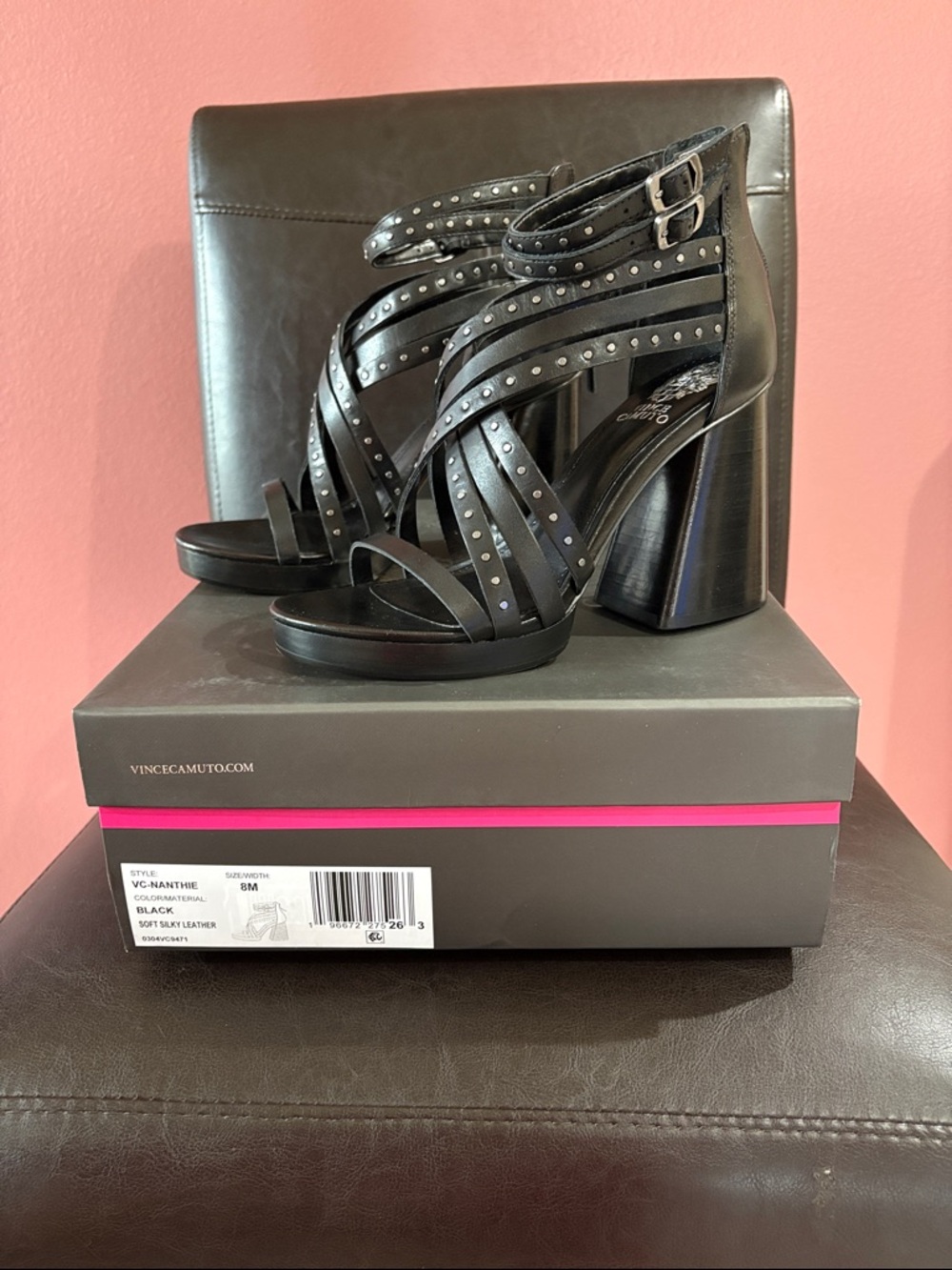 Vince Camuto Black Studded Multi-Strap Block Heel Sandals